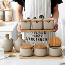 Japanese Style Creative Simple Bamboo Cover Ceramic Seasoning Pot Kitchen Seasoning Box Moisture-proof Salt Pot Three-piece Set 2024 - buy cheap