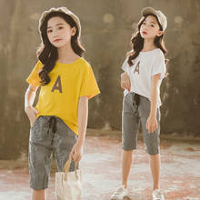 2020 Girls Summer Casual Clothing Sets Big Children Printed Short Sleeve T-shirts Plaid Pants 2pcs Clothes Sets 2024 - buy cheap