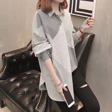 Striped Patchwork Chiffon Shirt Women Korean Casual Tops Female Lapel Single-Breasted Side Slit Blouse Spring 2021 New aq101 2024 - buy cheap