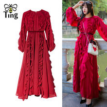 Tingfly Spring Fashion Chic Ruched Ruffles Red Long Dress Lady Party Dresses Vintage Ruffled Chiffon Vestidos Streetwear 2024 - buy cheap