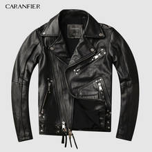 Caranfier jaqueta masculina de couro de vaca, couro legítimo, moda motocicleta, colarinho, casaco de pele de cabra curtido vegetal 2024 - compre barato