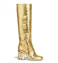 Moraima-botas de salto grosso femininas com enfeite de cristal snc, bico redondo, couro dourado, sapatos altos, sexy 2024 - compre barato