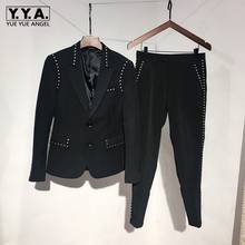 Brand Suit Jacket Set Men England Style Black Single Breasted Slim Blazer & Pants Two Piece Set Fashion Night Club Rivets Coat 2024 - buy cheap