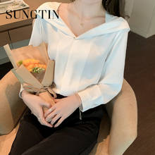Sungtin blusa feminina elegante e chique, gola virada para baixo, camisa feminina sólida e elegante, casual, verão, moda coreana 2024 - compre barato