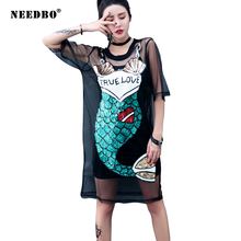 NEEDBO Long T Shirt Women Printed Short Sleeve Tee Shirt Femme Casual 2 Piece Set Sequins Sexy T shirt Dress Mesh Oversize Top 2024 - buy cheap