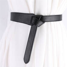 Cinto preto de luxo com nó, cinturão fino de couro pu, cinto longo casual feminino, acessório para casaco 2024 - compre barato