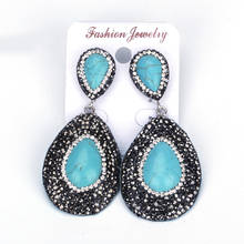 Vintage Blue Water Drop Semi Precious Stone Turquoises Pendant Charm Pave Rhinestone Bead Women Big Dangle Earrings Wedding Gift 2024 - buy cheap