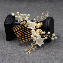 Peineta de flor de arcilla delicada para mujer, accesorios nupciales, perlas, joyería para el cabello de boda, pieza de oro hecho a mano, tocado de hojas 2024 - compra barato