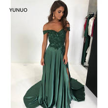 YUNUO Off Shoulder Long Evening Dresses Vestido De Festa Vintage Appliques Lace Prom Dress Slit Satin Robe De Mariage Train 2024 - buy cheap