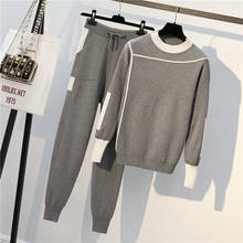 Осень 2020, Женский вязаный свитер, костюм, свитшот с длинными рукавами и брюки, свободная повседневная стрейчевая женская одежда большого размера 2024 - купить недорого