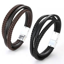 Moda genuíno multicamadas pulseira de couro masculino aço trançado magnético artesanal corda wrap pulseiras & pulseiras masculino jóias 2024 - compre barato