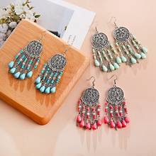 Women's Round Alloy Long Chain Tassel Dangle Earrings Bohemia Resin Beads Tibetan Jhumka Earrings Oorbellen 2024 - buy cheap