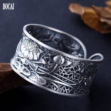 Pulsera de plata pura s999 auténtica para mujer, brazalete ajustable con diseño de loto tallado, de estilo étnico retro, novedad de 2020 2024 - compra barato