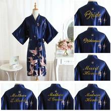 Kimono largo y liso de seda para novia, bata de noche de satén para boda, color azul marino, tallas grandes 2024 - compra barato