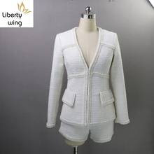 Women Sexy V Neck Tweed Jacket Pearls Bead White Coat Shors Two Piece Set Office Lady Party Ensemble Slim Fit Formal Outfits 2024 - buy cheap