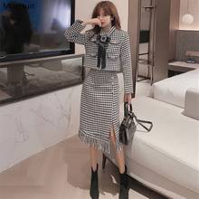 Autumn Vintage Elegant Houndstooth 2 Piece Set Women Long Sleeve Bow Tie Cardigan Coat + Tassel Skirt Outfits Korean 2021 2024 - buy cheap