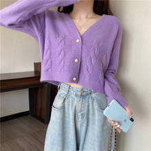 Women New Autumn Fashion Twist Long-sleeved Loose Sweater Purple v-neck Chic Short Sweater Cardigan Single Breast Knitwear Tops 2024 - buy cheap