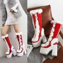 US4-11 Womens Real Rabbit Fur Furry Platform Knee Snow Thigh Boots Block Chunky High 15CM Heel Shoes Lolita White Plus SizeMA1 2024 - buy cheap