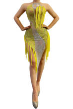 Halter Fashion Yellow Rhinestones Fringes Latin Women Birthday Celebrate See Through Mesh Stage Costume Dance Dress 2024 - buy cheap