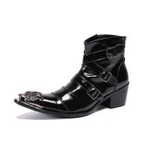 Обувь в европейском стиле на высоком каблуке со стальным носком и металлическим украшением; Botas Masculina; Черные формальные мужские ботинки в стиле панк-рок с боковой молнией 2024 - купить недорого