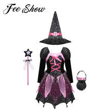 Crianças meninas bruxa cosplay traje sparkly estrelas de prata impresso vestido com chapéu apontado varinha conjunto halloween carnaval cosplay vestir-se 2024 - compre barato