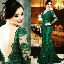 Elegante vestido de encaje verde esmeralda para madre de la novia, cuello en V, mangas largas, espalda abierta, tren de corte de sirena, vestidos formales 2024 - compra barato