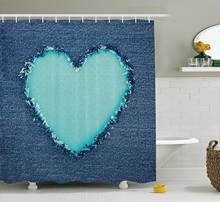 Navy and Teal Shower Curtain Ripped Denim Jean Fabric Image Heart Shape Love Romance Valentines Day Fabric Bathroom Decor 2024 - buy cheap