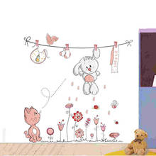 Мультяшный Кот и кролик, наклейка на стену для детской комнаты, обои для спальни, украшения, милые животные, домашние декоративные наклейки 2024 - купить недорого