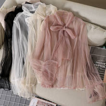Элегантная женская летняя рубашка с расклешенными рукавами, Базовая рубашка с эластичным тонким сетчатым тюлевым пуловером с высокой талией, блузка 2024 - купить недорого