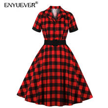 Enyuever Preppy Style Vintage Dress Women Summer Short Sleeve Button Belt Cotton Gingham Pin Up Swing Red Plaid Casual Dresses 2024 - buy cheap