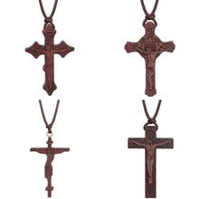 INRI Christian Orthodox Crucifix Jesus Pendant Necklaces for Men Red Umbila Wood Cross Necklace Adjustable Leather Rope Chains 2024 - buy cheap