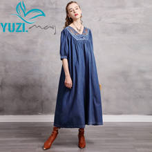 Vestido feminino vintage, yuzi. way, boho, novo, jeans, decote em v, bordado, manga curta, a87256 2024 - compre barato