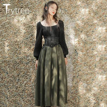 Trytree 2021 Spring Autumn Two Piece Women Sets Puff Sleeve Sweater + Criss-Cross Waist A-line Skirt Office Lady 2 Piece Set 2024 - buy cheap