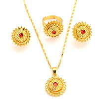 Conjuntos de joyería etíope de oro fino sólido GF CZ, anillo con colgante de cadena con piedra roja, regalo africano Habesha, regalo de joyería 2024 - compra barato
