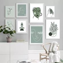 Pósteres impresos de Líneas minimalistas para sala de estar y decoración del hogar, pintura abstracta en lienzo de hojas verdes para chica nórdica, imágenes artísticas de pared 2024 - compra barato