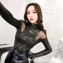 2020 New Women Spring Slim Sequins Tees Sexy Turtleneck Mesh Patchwork Off Shouder T-shirt Tops Korean Camiseta Mujer Tees A93 2024 - buy cheap