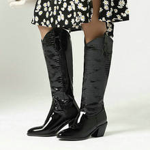 Bota feminina de couro falso, calçado estilo ocidental, bico fino, salto quadrado, sem cadarço, tamanho grande 2024 - compre barato