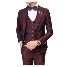 Traje con pantalones para hombre, traje de boda para novio y graduación, Jacquard Floral burdeos, ajustado, 3 unids/set/conjunto (chaqueta + chaleco + Pantalones) 2024 - compra barato