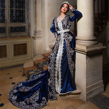 Charming Blue Velvet Beaded Dubai Moroccan Kaftan Evening Dress Long Sleeves Applique Saudi Arabia Formal Party Gown For Wedding 2024 - buy cheap