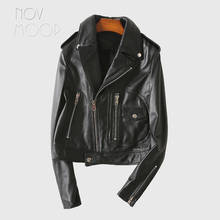 Novmoop Korean chic style summer autumn black red sheepskin genuine leather motor biker jacket women coat abrigos mujer LT3164 2024 - buy cheap