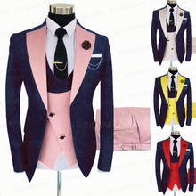 2021 New Designs Jacquard Navy Blue Men Suit 3 Piece Formal Business Blazer Best Man Groom Wedding Suit Tuxedo Jacket Vest Pants 2024 - buy cheap