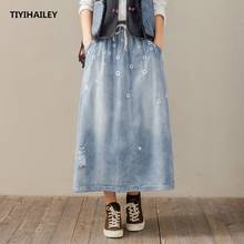 TIYIHAILEY Free Shipping 2021 Long Maxi A-line Skirt Women Elastic Waist Spring And Autumn Denim Cotton Casual Embroidery Skirts 2024 - buy cheap