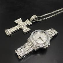 Luxo masculino cor prata relógio & neckalce combinação relógio conjunto gelo fora cristal cubano miami neckalce corrente hip hop relógio cubano para homem 2024 - compre barato