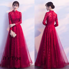 It's Yiiya Burgundy Evening Dress High Collar Plus Size Floor Length Dress K329 Long Sleeve Zipper Tulle Lace Evening Dresses 2024 - buy cheap