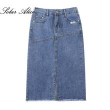 Free Shipping New 2020 Women's Spring Summer Knee Length Front  Girls denim blue Straight Split Long Jeans Skirt Plus Size S-9XL 2024 - buy cheap