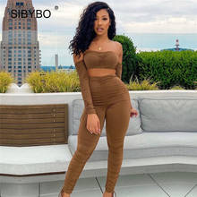 Sibybo 2 Piece Outfits Women Tracksuit Autumn Off Shoulder Crop Top And Elastic Leggings Female Ruched Drawstring Matching Sets 2024 - buy cheap