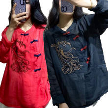 Roupas tradicionais chinesas para mulheres 2021 novo bordado vintage fadas camisetas femininas manga comprida camisa casual de linho solto hanfu 2024 - compre barato