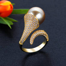 Anel de pérola ajustável para noiva, anel brilhante de zircônia cúbica para mulheres, acessório de joias de noiva com design original 2024 - compre barato