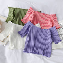 Women T-shirt Off Shoulder Knitting Crop Tops Women Fashion Solid Short Sleeve Skinny T-shirts Women 2020 Summer 2024 - buy cheap