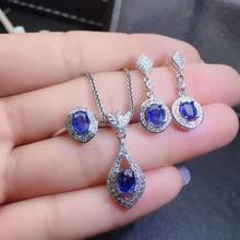 Real Natural Sapphire jewelry set Natural Real Sapphire 925 sterling silver 1pc pendant,1pc ring,2pcs Earring 2024 - buy cheap